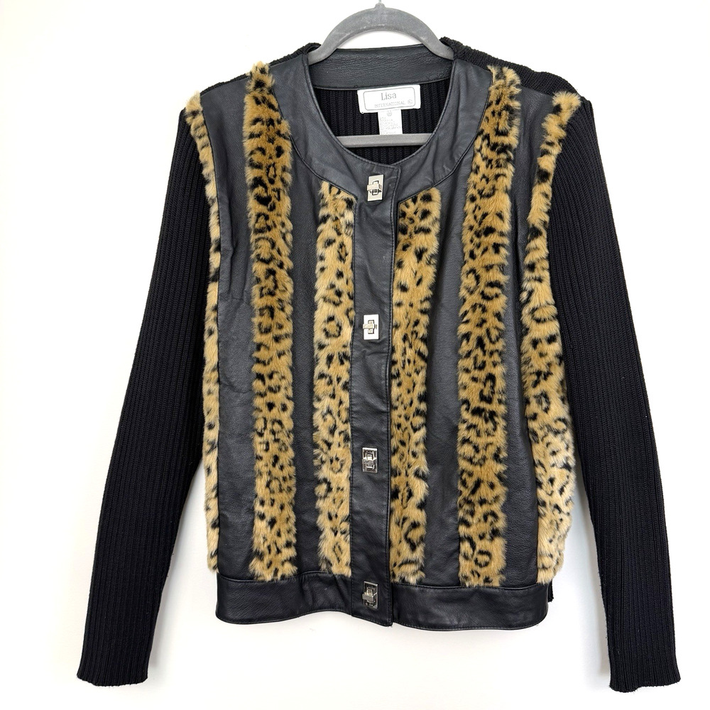 Vtg Lisa International Leather & Faux Leopard Cardigan Jacket Size M Black Y2K